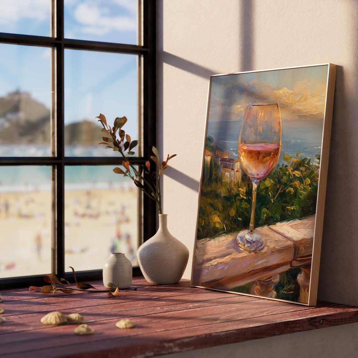 Glass of Rose Wine on Balcony Overlooking Coastal Town Poster - Image 5