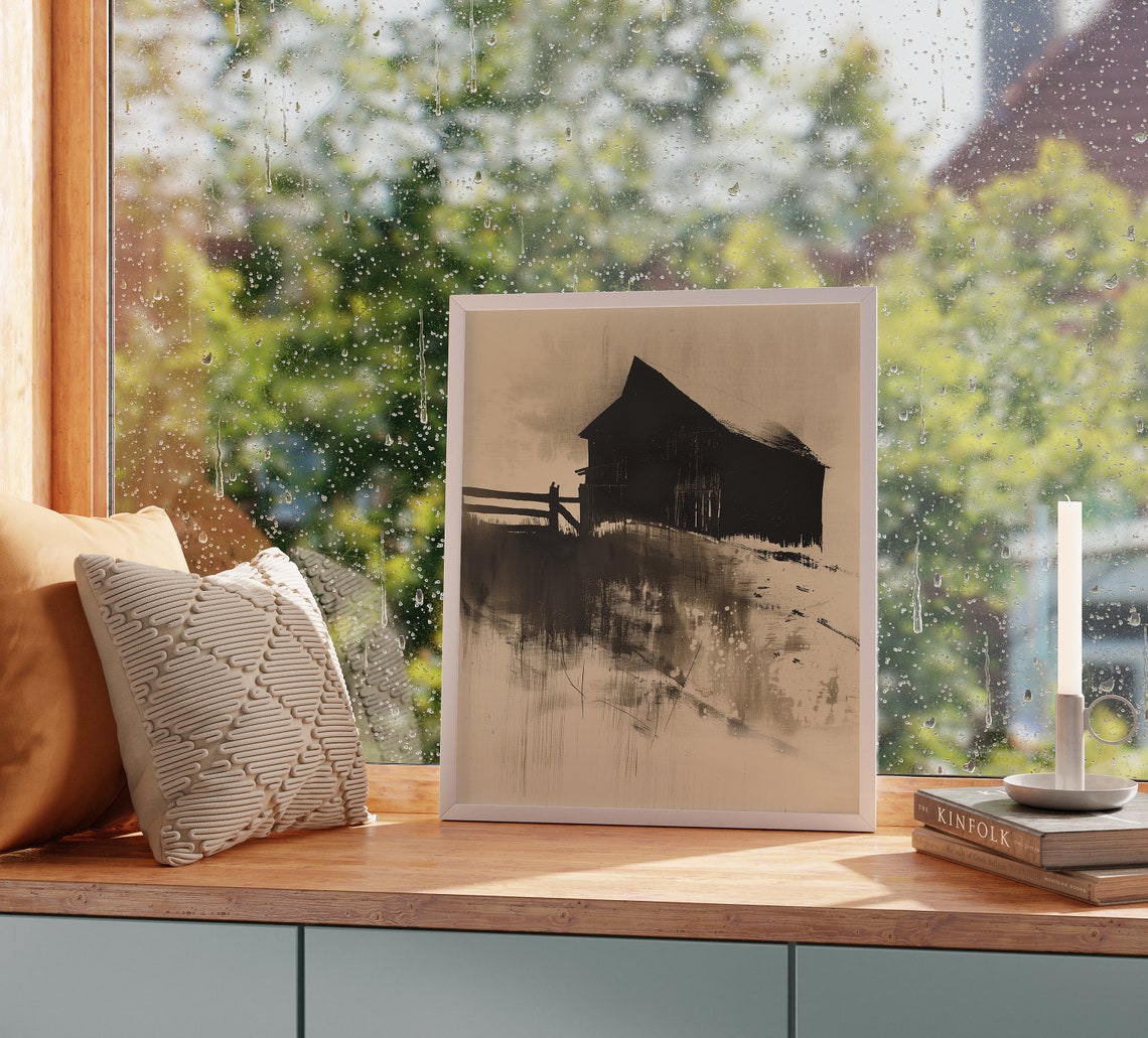Moody Dark Barn Silhouette Standing In Rain Abstract Ink Poster - Image 2