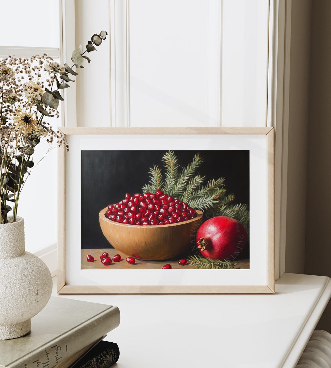 Pomegranate Arils In Wooden Bowl With Pine Sprigs Still Life Poster - Image 6