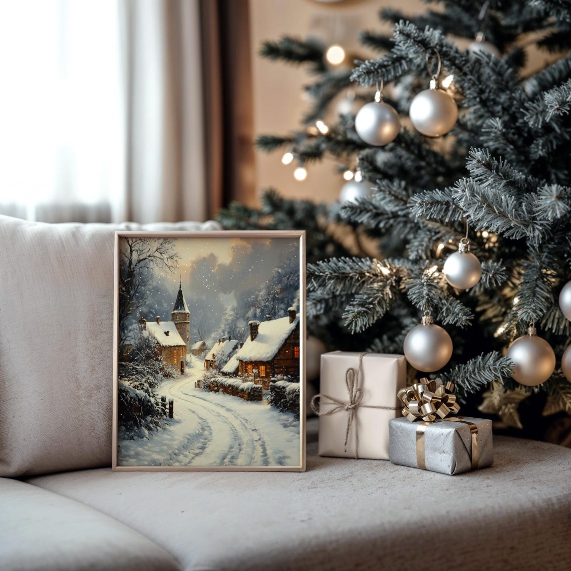 Snowy Village Lane With Church Tower Winter Christmas Dusk Poster - Image 5