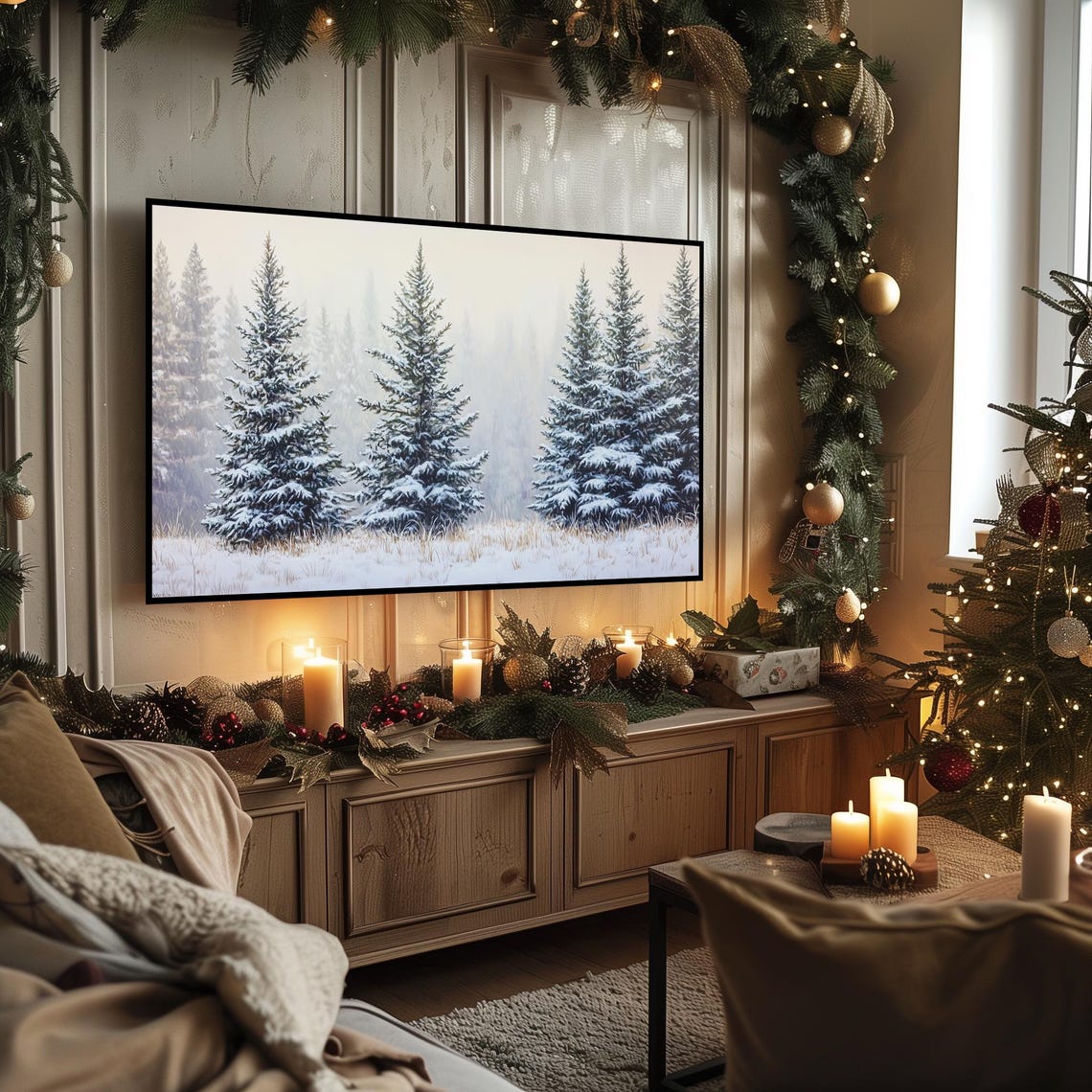 Snowy Pine Trees In Soft Misty Forest Winter Landscape Art Poster - Image 3