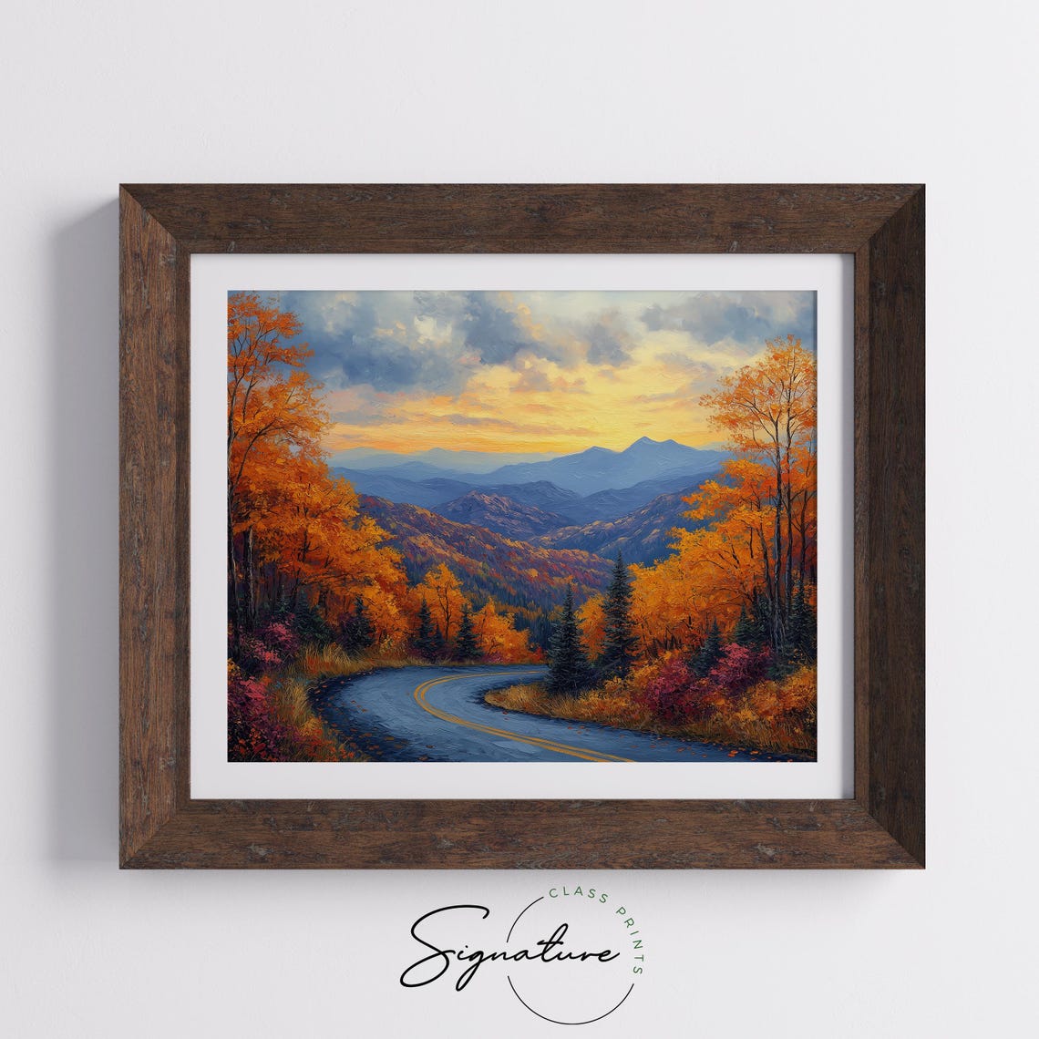 Winding Mountain Road Through Fiery Autumn Forest at Sunset Poster - Image 5