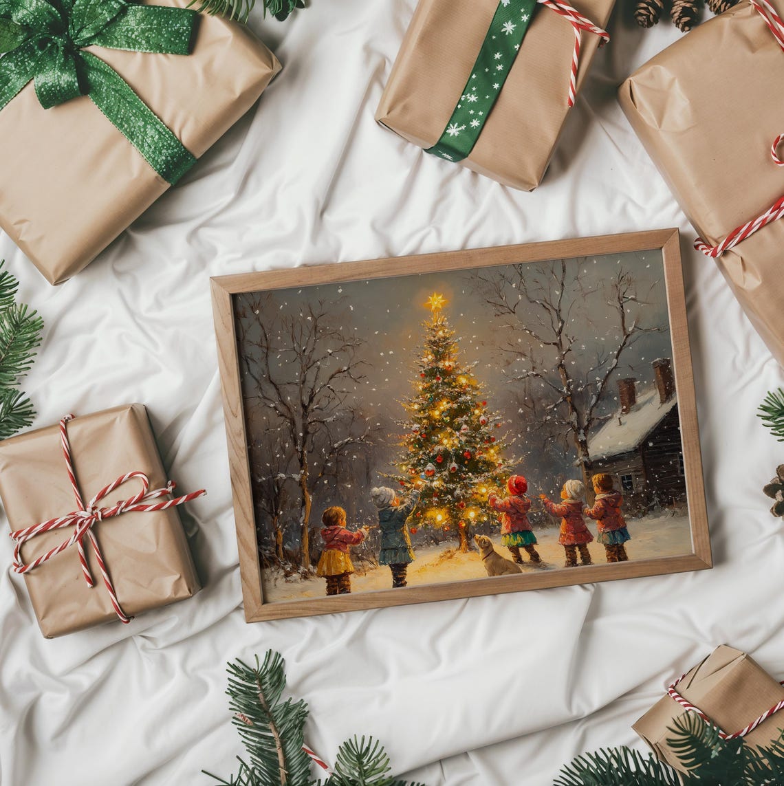 Children Decorating an Outdoor Christmas Tree With Dog Snowy Poster - Image 2