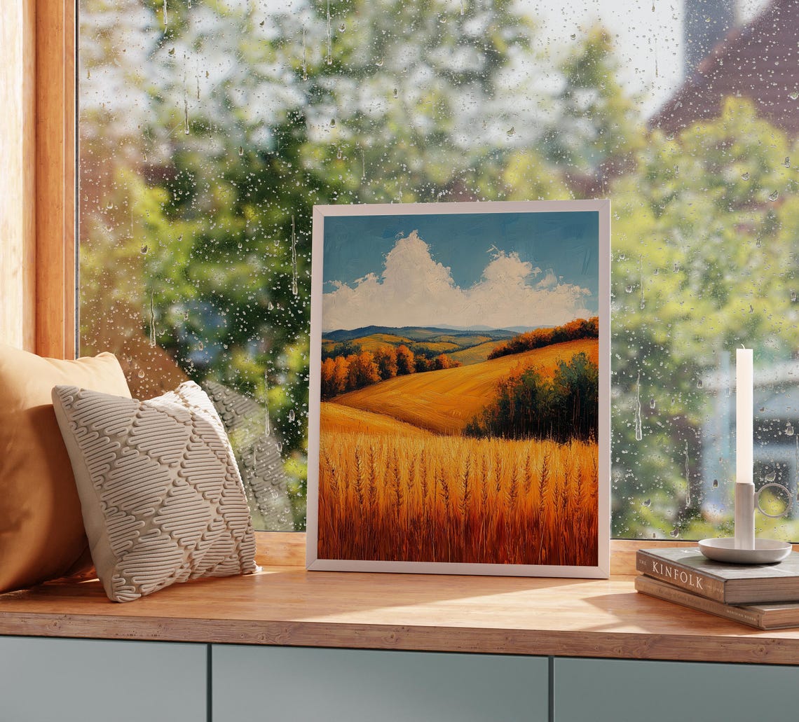 Golden Wheat Field Rolling Hills Impasto Autumn Landscape Poster - Image 2