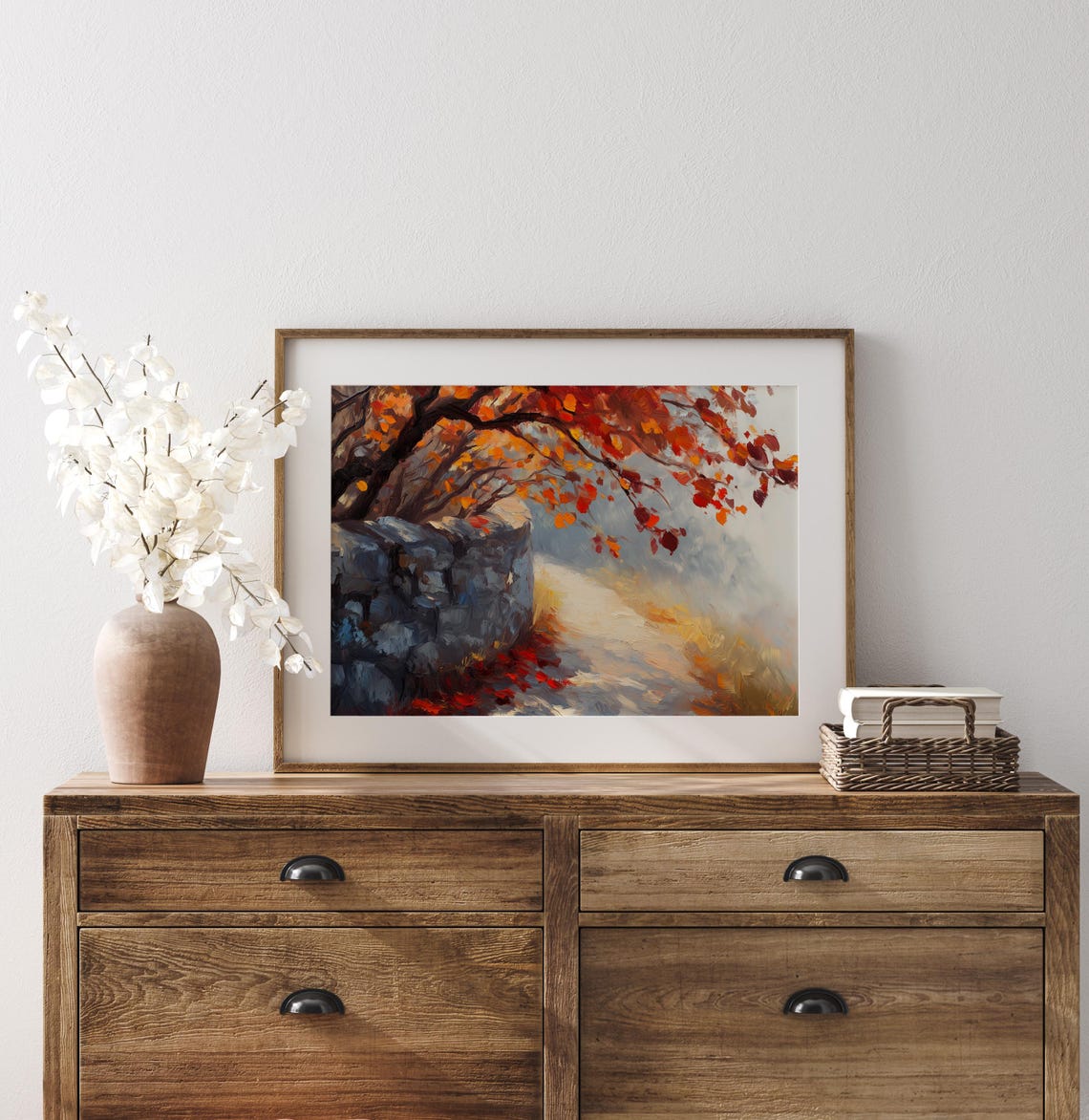 Autumn Stone Wall Painting Red Fall Leaves Impasto Tree Branch Poster - Image 3