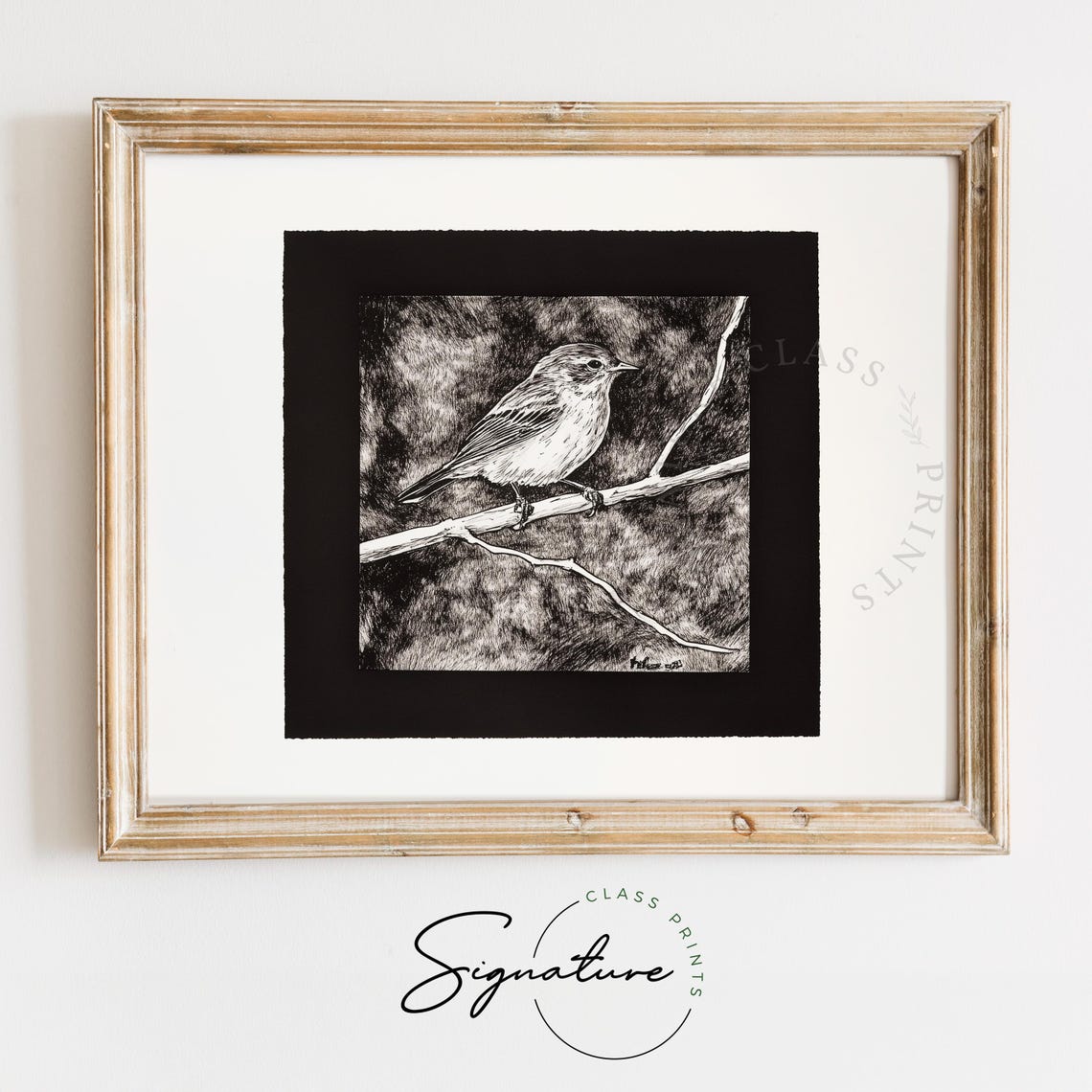 Songbird On Branch Dark Background Rustic Black And White Poster