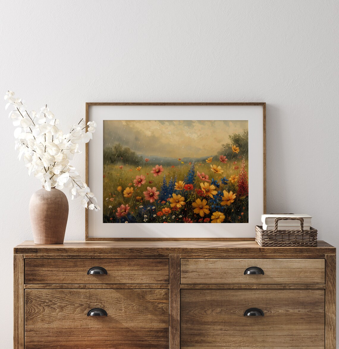 Summer Rain Wildflower Meadow Cosmos Delphinium Shower Nature Oil Poster - Image 3