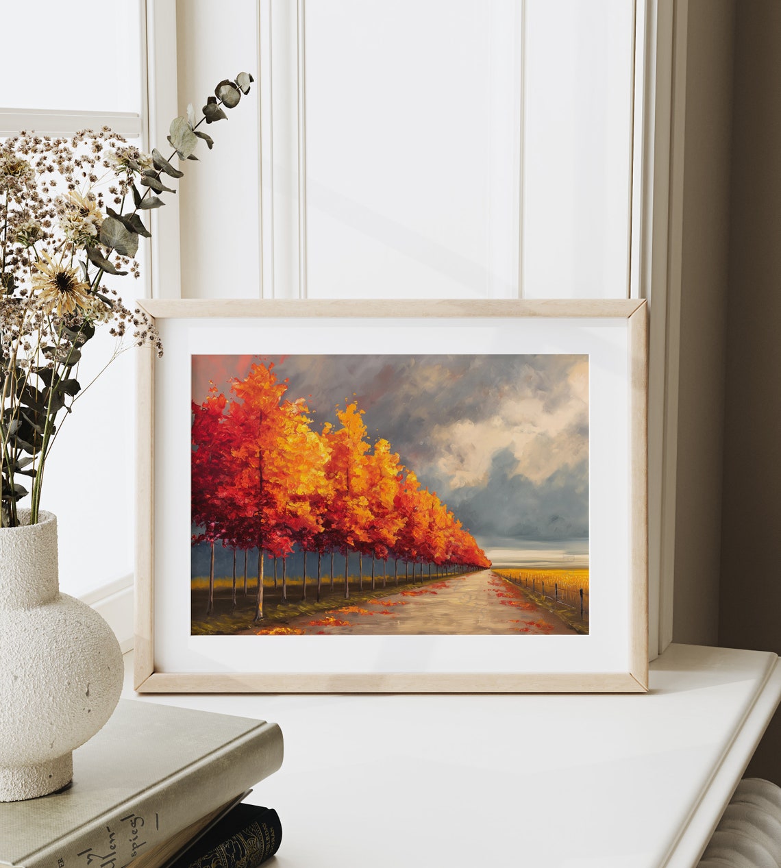 Fiery Maple Avenue Beside Dirt Road Dramatic Cloudscape Poster - Image 6