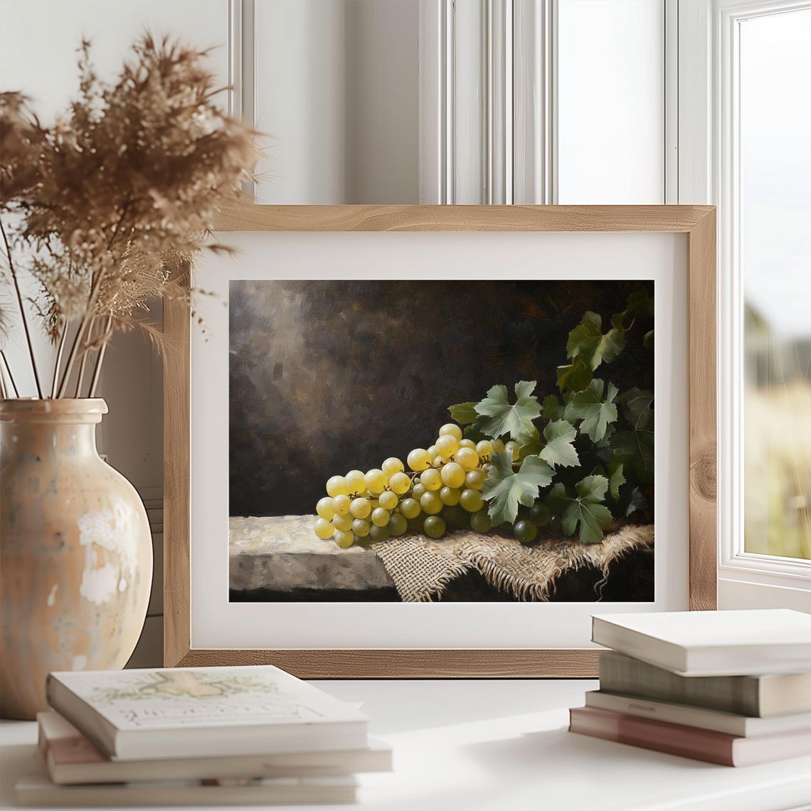 White Grape Vine Still Life Dark Rustic Vintage Oil Painting Print - Image 2