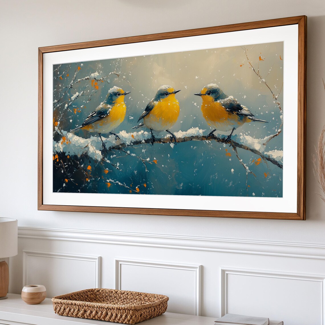 Goldcrest Trio On Frosty Branch In Falling Snow Moody Winter Art Poster - Image 2