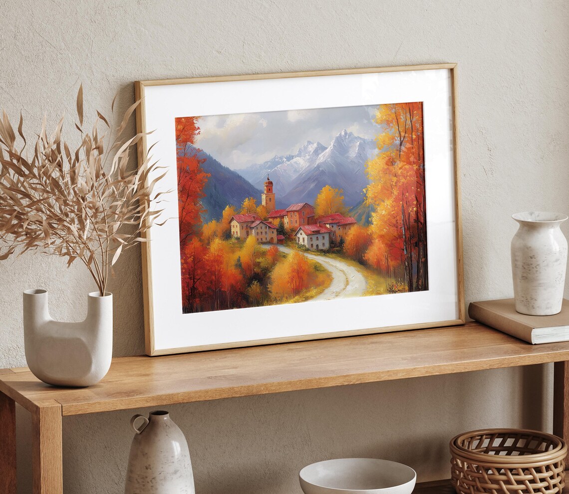Mountain Village Church Winding Road Autumn Oil Painting Poster - Image 4