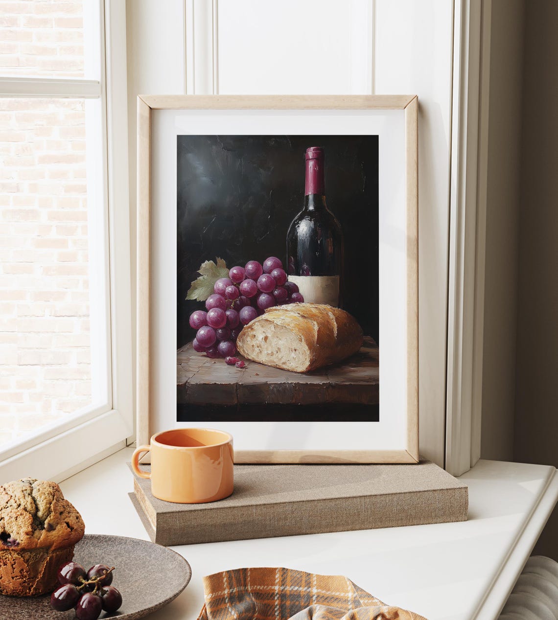 Wine Bottle Grapes Bread Still Life Oil Painting Kitchen Wall Poster - Image 2