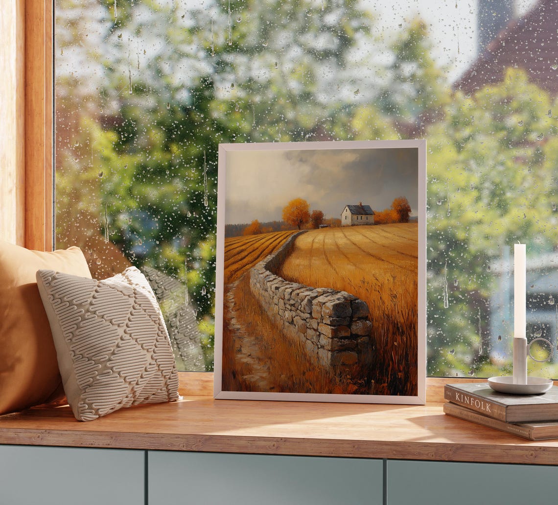 Autumn Farmhouse Stone Wall Golden Field Orange Trees Poster - Image 2