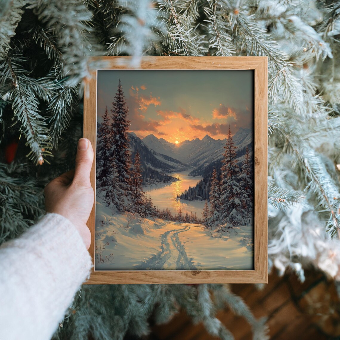 Golden Sunset Over Frozen Mountain Lake Snowy Landscape Poster - Image 6