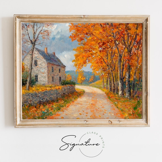 Autumn Cottage Rustic Stone House Fall Maple Trees Cozy Scene Poster