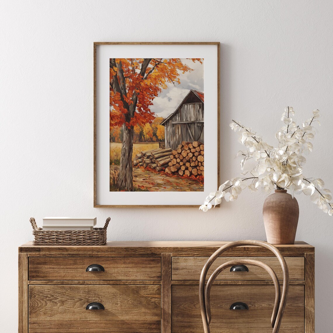 Weathered Barn With Stacked Firewood Under Blazing Autumn Tree Wall Art - Image 5