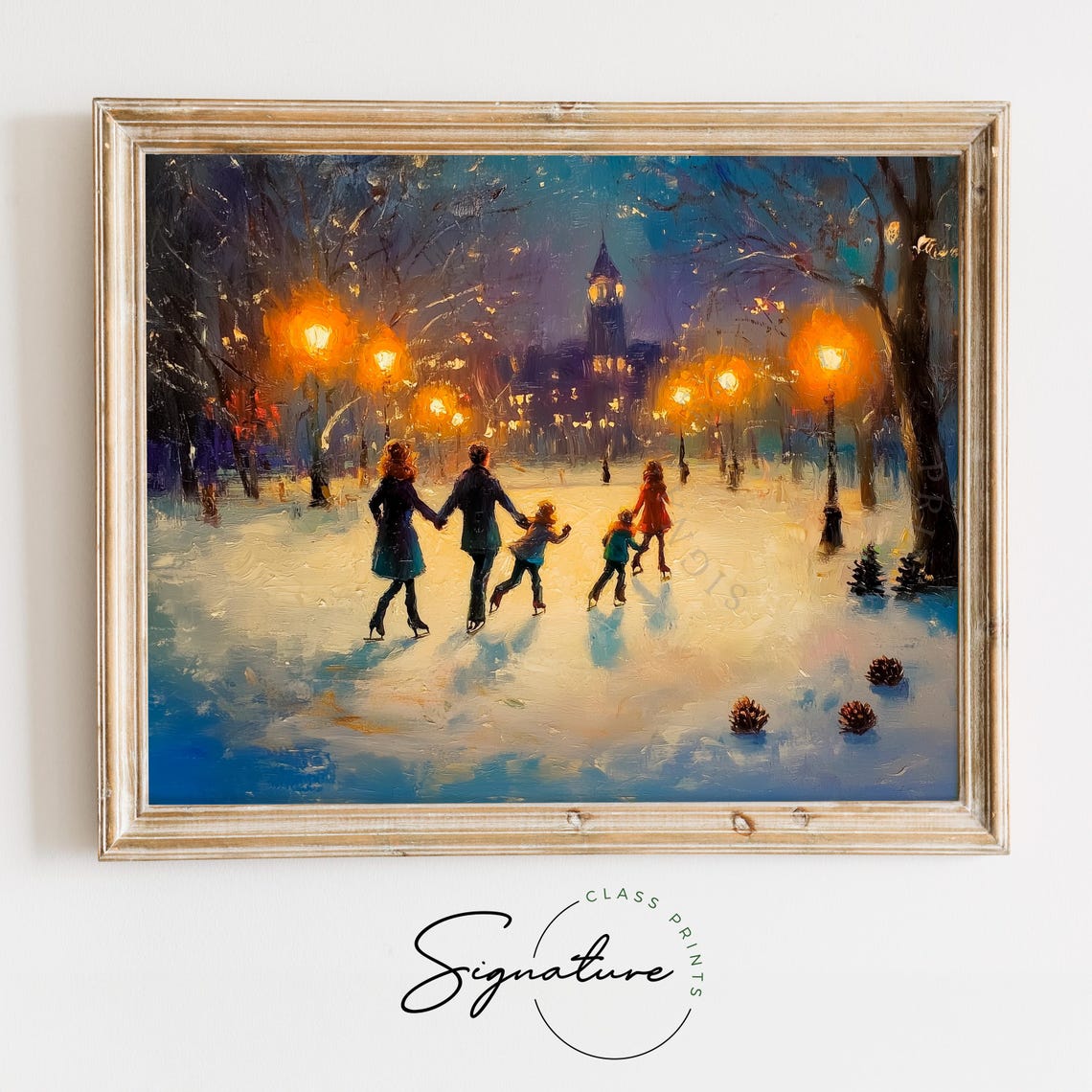 Night Ice Skating Under Glowing Lamps With Church Steeple Art Poster