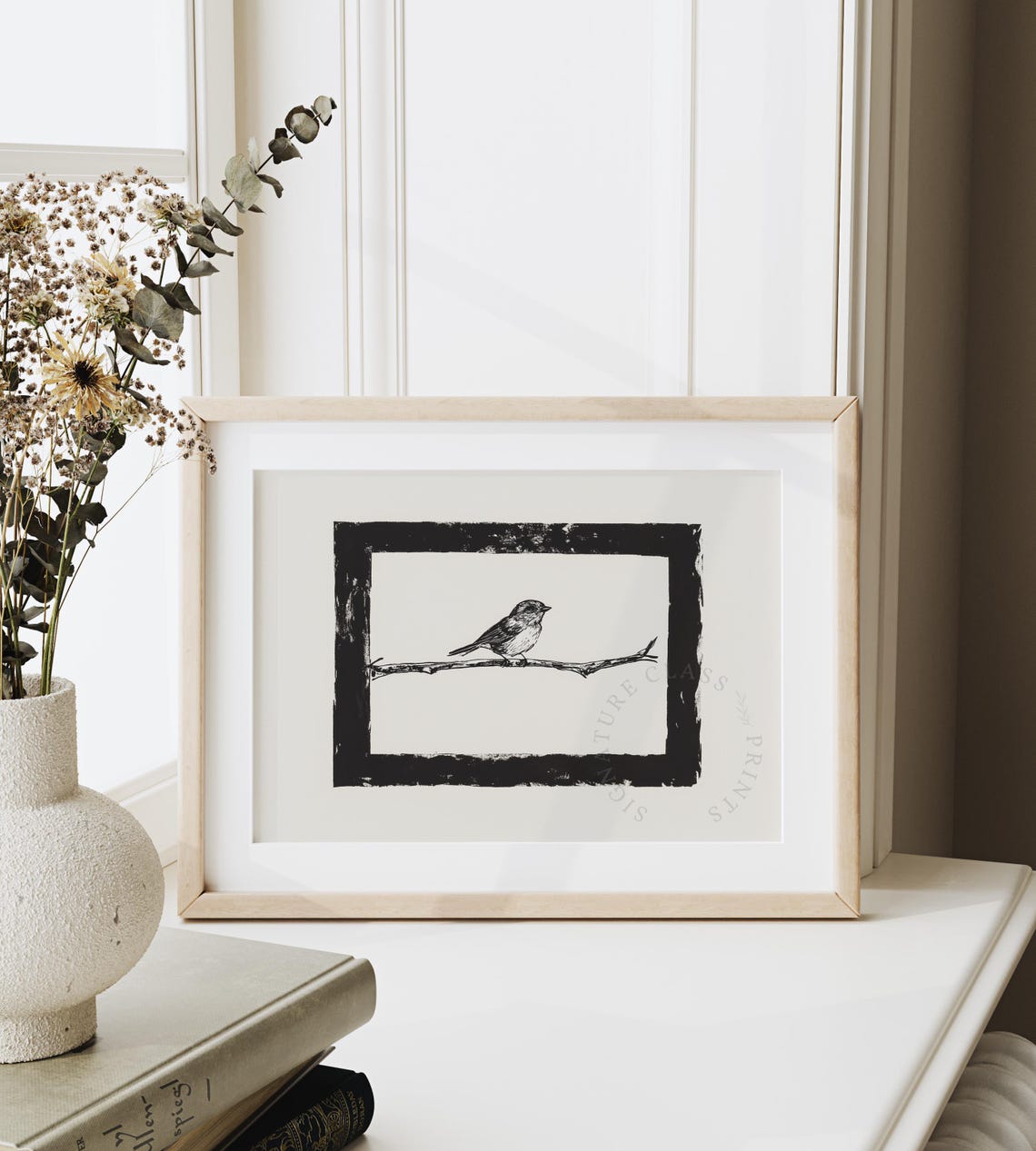Black And White Songbird Sketch On Branch Rustic Nature Art Poster - Image 6