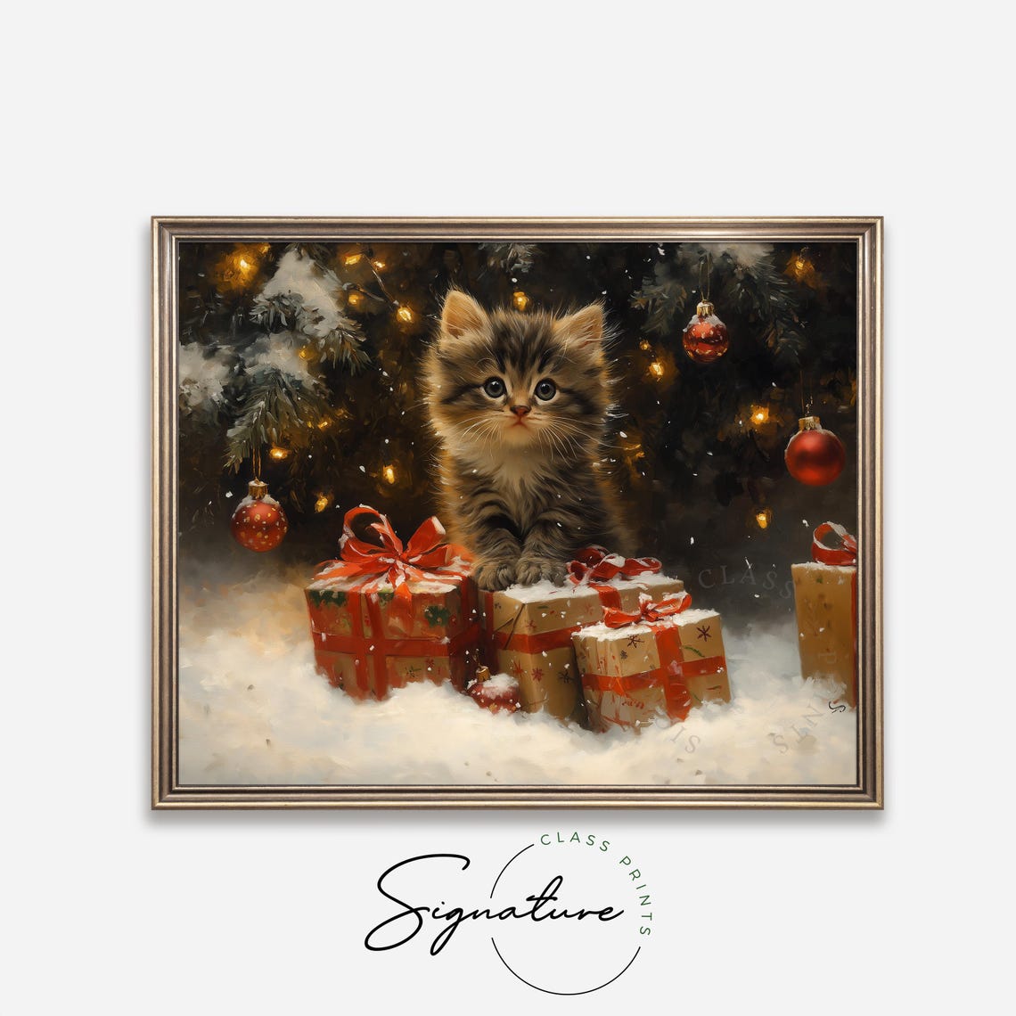 Fluffy Tabby Kitten Sitting With Christmas Gifts Under Tree Poster - Image 4