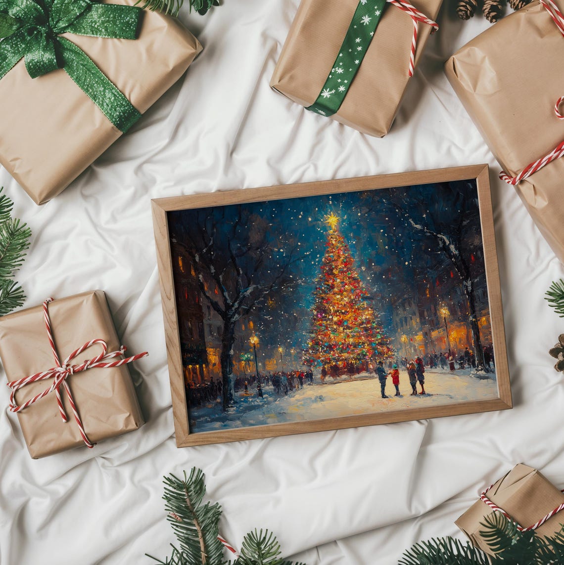 Town Square Christmas Tree Glowing At Night In Falling Snow Poster - Image 2
