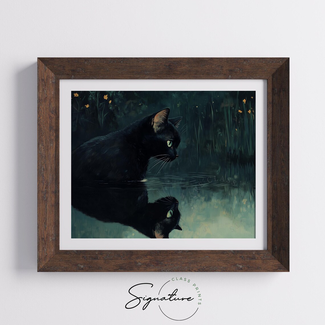 Black Cat Gazing at Its Reflection in Dark Mysterious Waters at Night Poster - Image 5