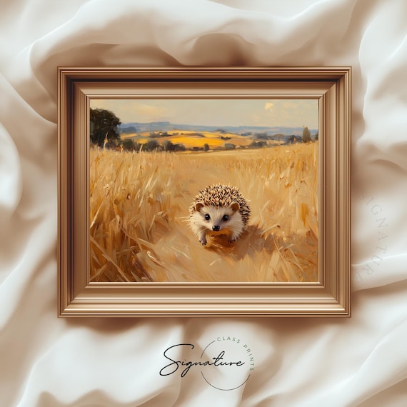 Cute Hedgehog Walking Golden Wheat Field Summer Wildlife Art Poster