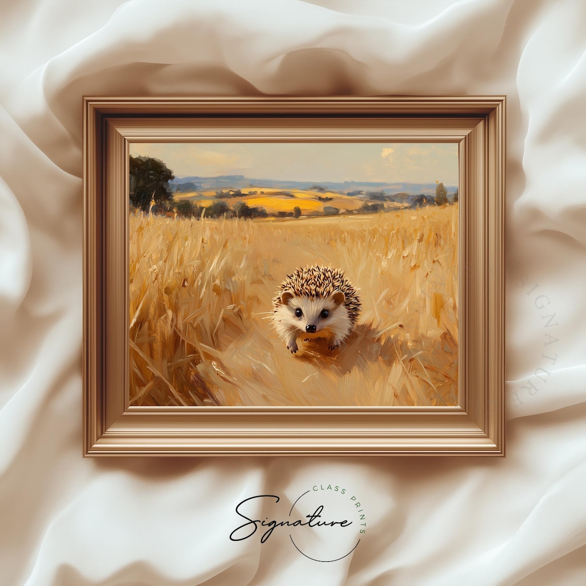 Cute Hedgehog Walking Golden Wheat Field Summer Wildlife Art Poster