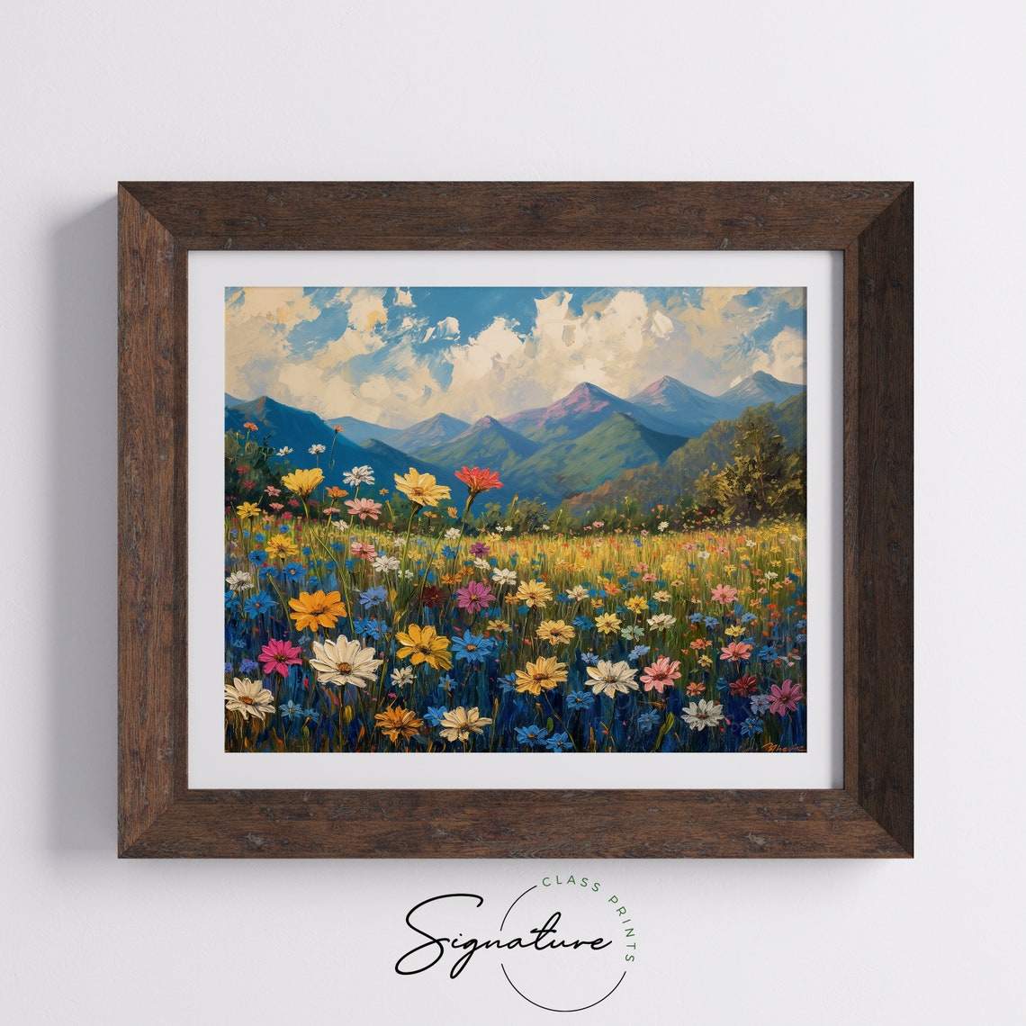 Daisy Meadow with Mountain Peaks Under Blue Sky Impressionist Poster - Image 5