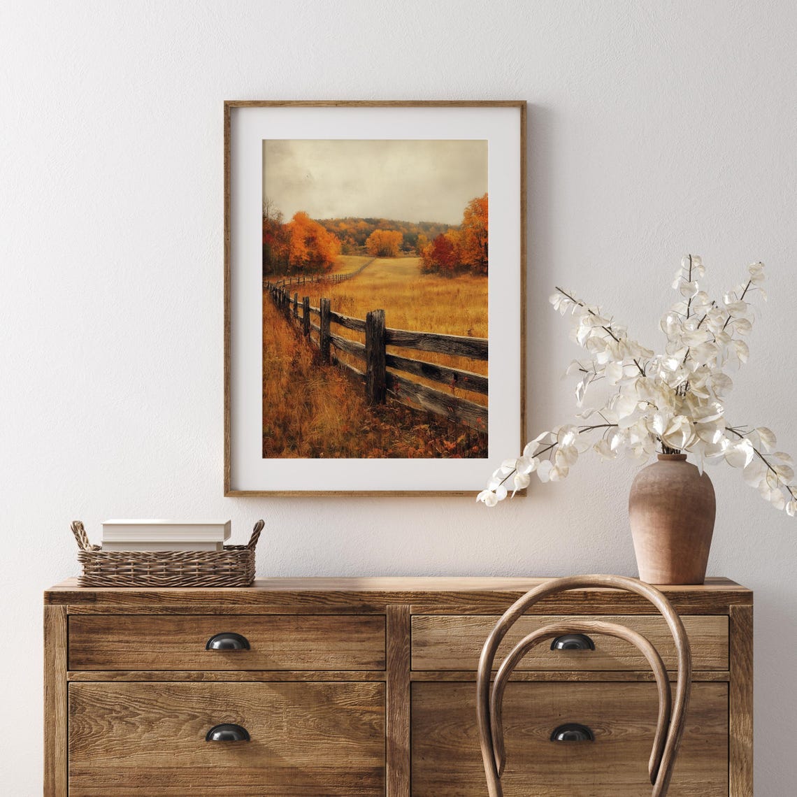 Wooden Fence Leading Through Golden Meadow to Autumn Trees Poster - Image 5