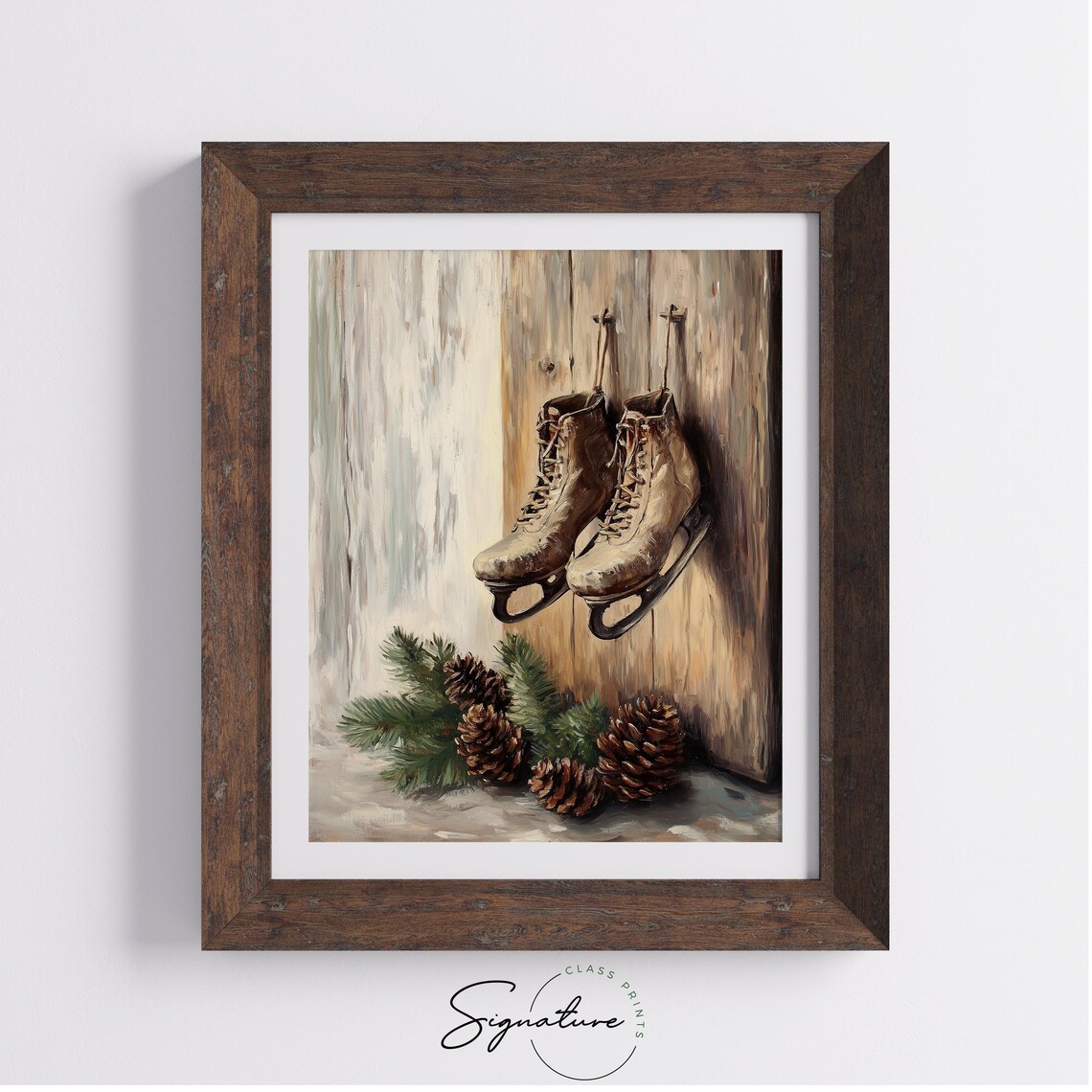 Vintage Ice Skates Hanging on Wooden Wall Winter Oil Painting Print - Image 3