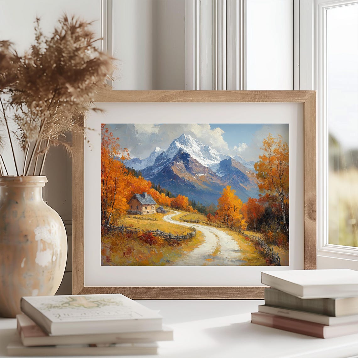 Cabin Autumn Forest Dirt Road Snowy Peak Oil Painting Poster - Image 2