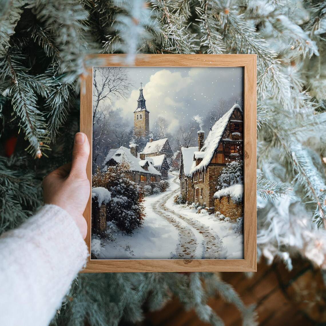 Cobblestone Winter Village Lane With Church Christmas Poster - Image 6