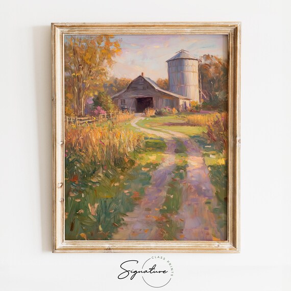Rustic Barn Silo Autumn Field Country Road Harvest Scene Poster