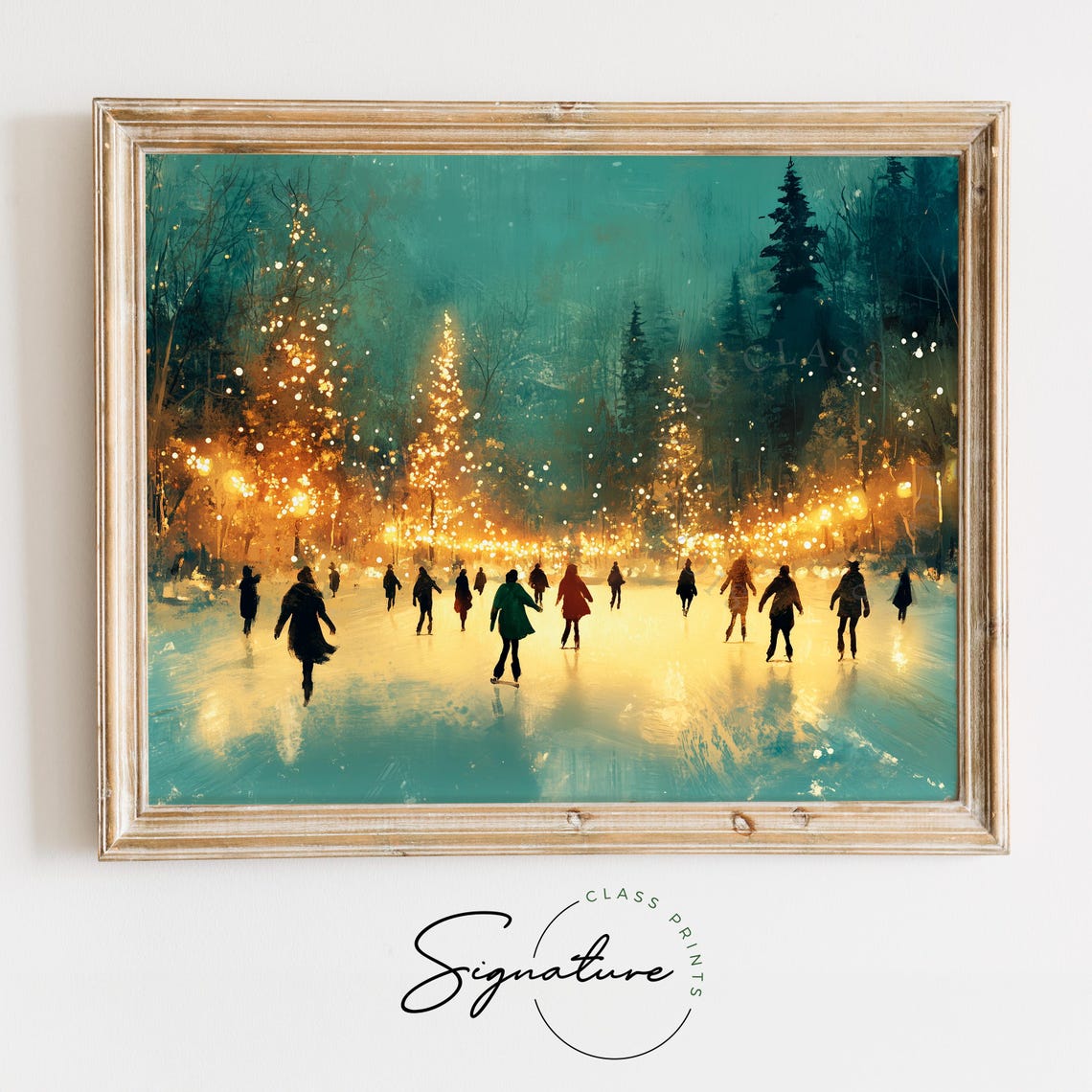 Night Ice Skaters Under Glowing Lights On Frozen Pond Poster