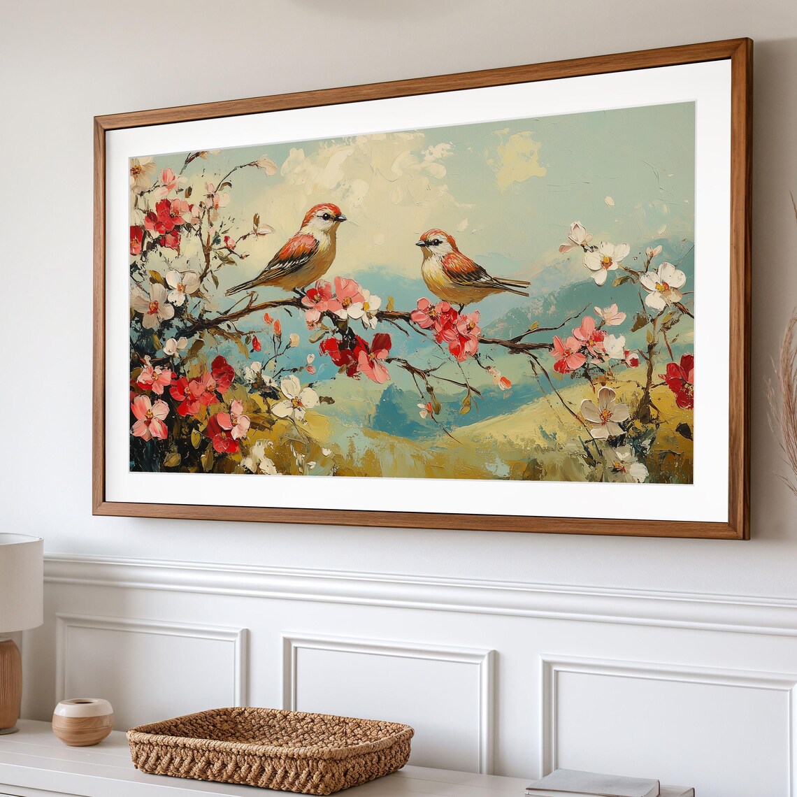 Red Capped Finches On Dogwood Blossoms Spring Bird Art Print - Image 2