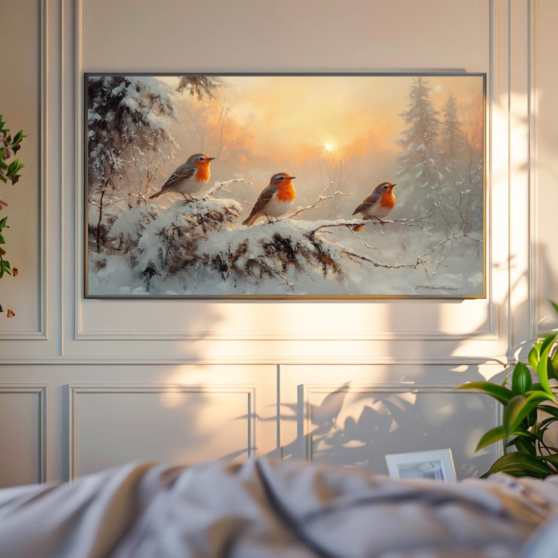 Three European Robins on Snowy Branch Warm Winter Sunset Poster - Image 4