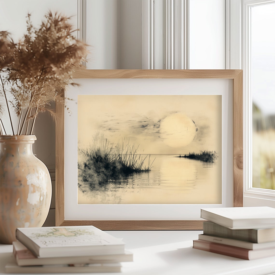 Quiet Lake At Dawn With Reeds Soft Charcoal Sketch Poster Art - Image 2