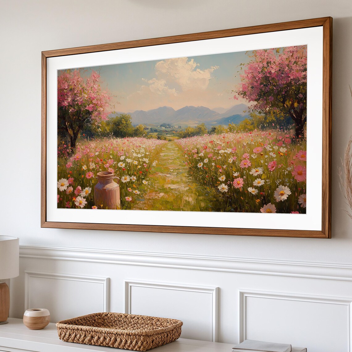 Spring Meadow Blooming Wildflowers Pink Blossom Trees Country Path Poster - Image 2