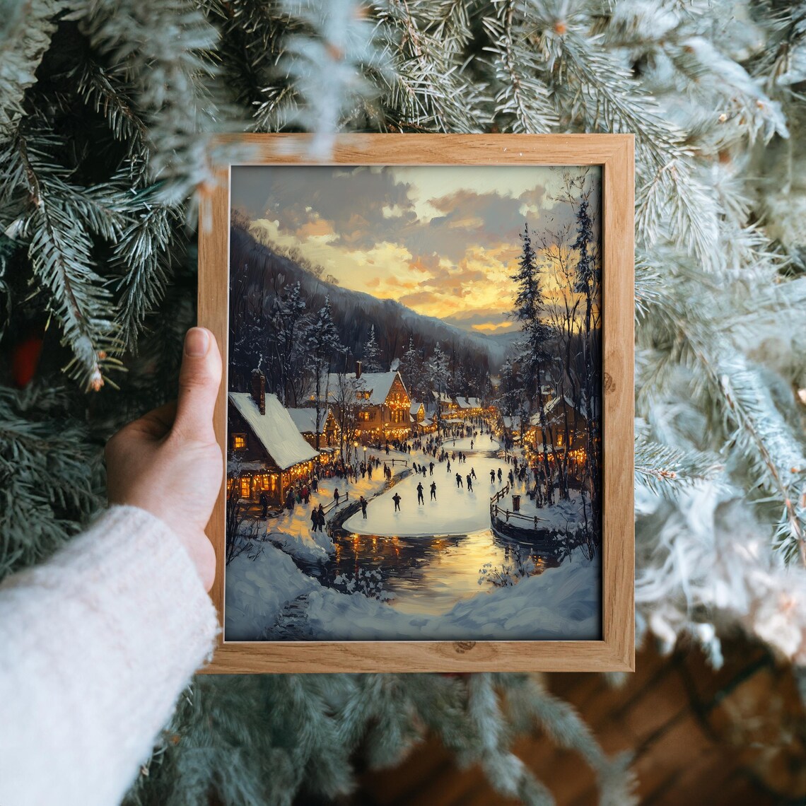 Snowy Village Pond with Skaters at Sunset near Cottages Poster - Image 6