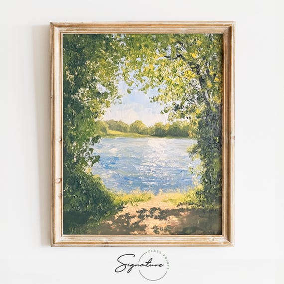 Riverside With Sunlit Trees Peaceful Rustic Landscape Art Cottagecore Nature Decor Serene Painting 2980