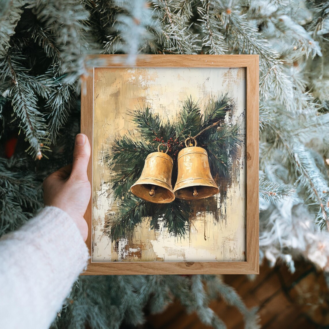 Pair of Golden Christmas Bells with Pine Branches Oil Painting Print - Image 6