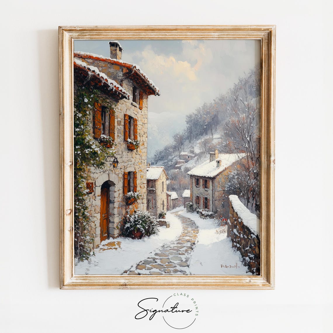 Frosty Cobblestone Street With Ivy Rustic Village Winter Poster