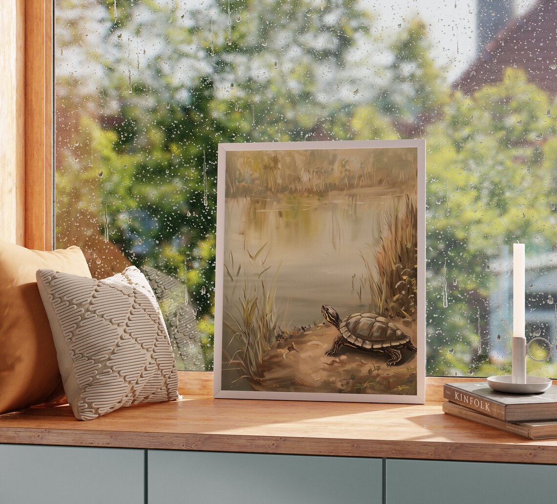 Morning Turtle By The Lake Basking Wildlife Painting Wall Art - Image 2