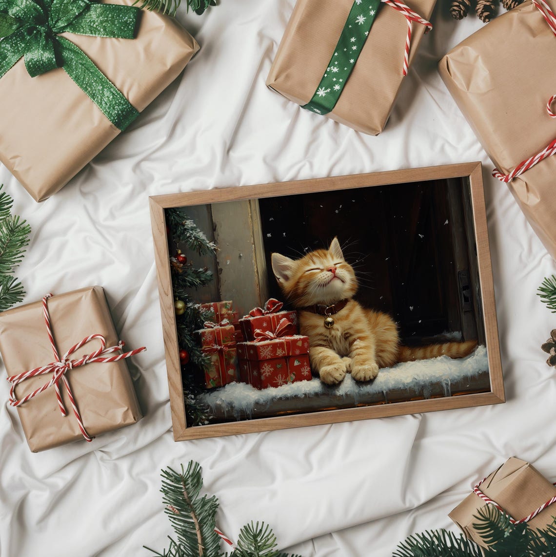 Sleeping Ginger Kitten With Christmas Gifts On A Snowy Sill Poster - Image 2