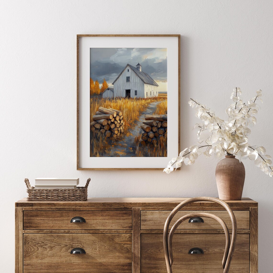 White Barn With Stacked Firewood in Golden Wheat Under Stormy Sky Wall Art - Image 5