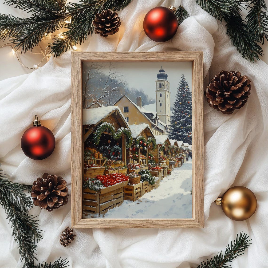 Snowy Market With Wooden Stalls In Winter Village Rustic Christmas Wall Art Holiday Market Scene Country Painting 2599 - Image 4