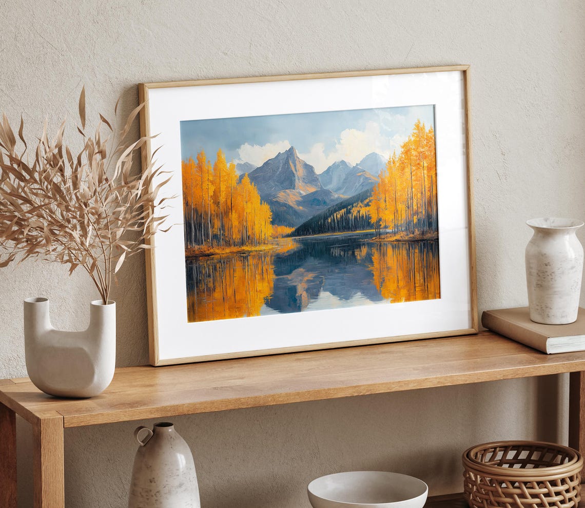 Autumn Mountain Lake Golden Aspens Reflection Fall Landscape Wall Art - Image 4