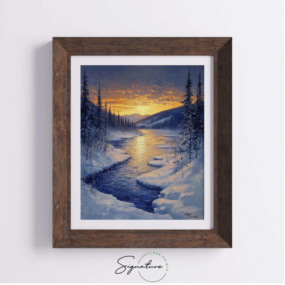 Golden Winter Lake In Snowy Pine Valley At Sunset Christmas Poster - Image 3