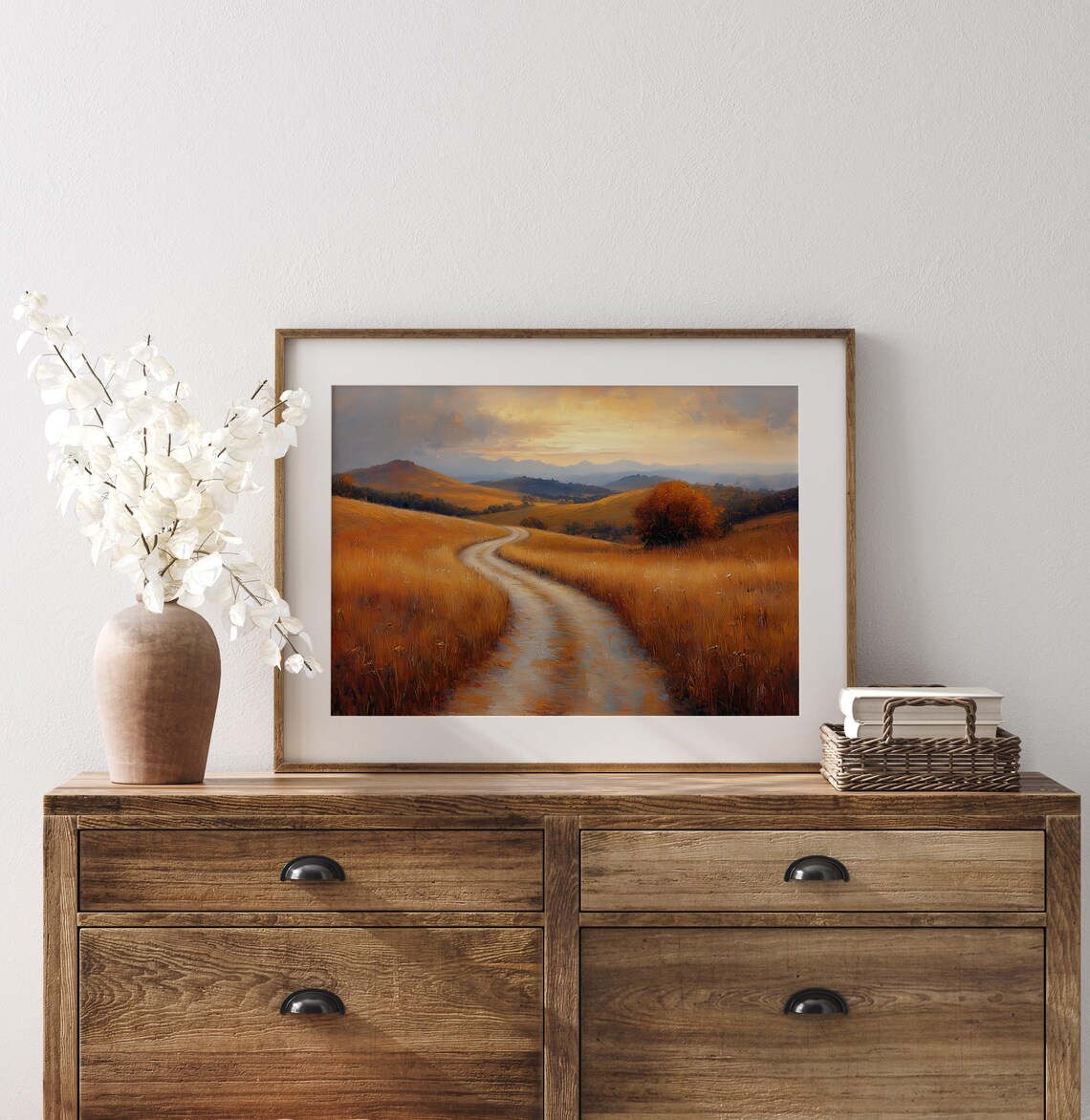 Lonely Autumn Tree On Golden Hills Road Winding To Far Mountains Poster - Image 3