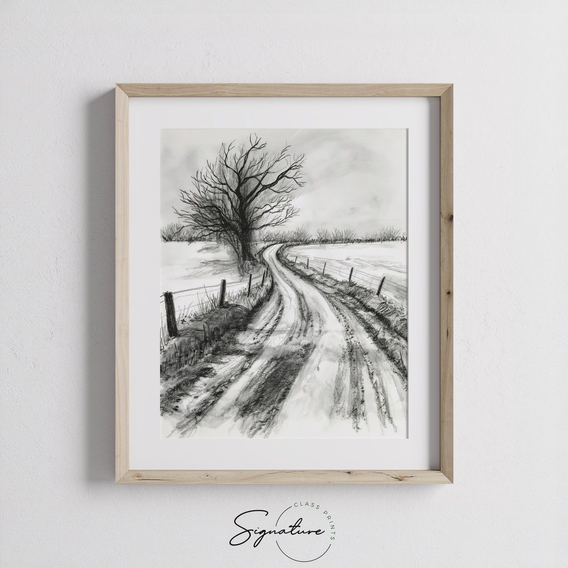 Frosty Country Road With Bare Tree Monochrome Sketch Winter Poster - Image 3